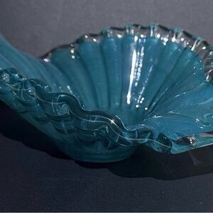 Elegant Blue Glass Art Bowl Rolled Edge